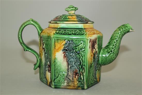 A Staffordshire lead-glazed creamware hexagonal teapot and cover, c.1760-5, h. 14cm, chip to spout